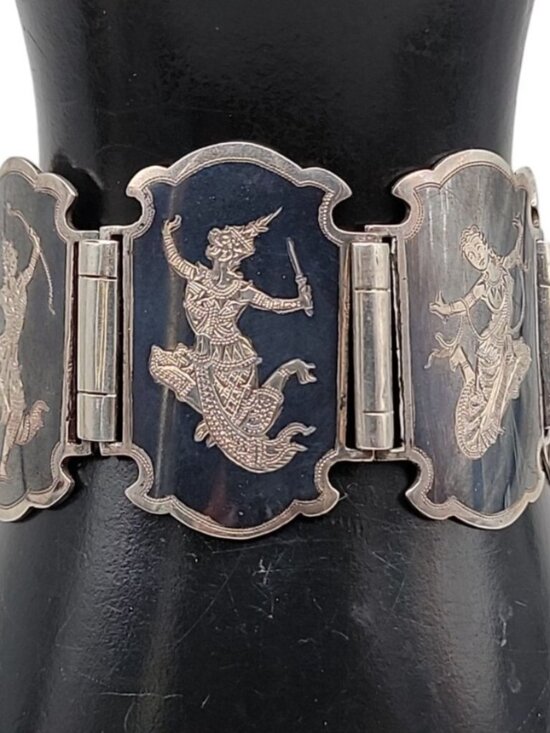 Siam Jewelry - Siam Sterling Silver Bracelet 925 Niello Hindu Goddess Enamel Hinged Panel SZ 7